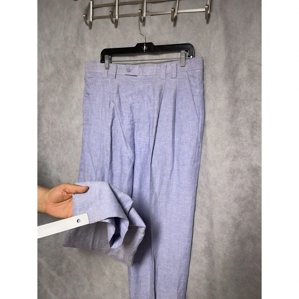 Men Linen Pants 36X39 Lavender Baggy Linen Wide Leg Hopsack Pleat Cuffs Lorenier